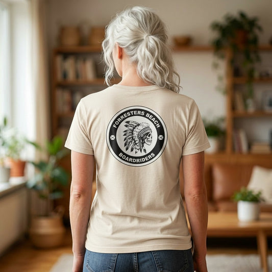 Sideliners beige cotton t-shirt with Forresters Beach Boardriders skull logo back print worn by a woman