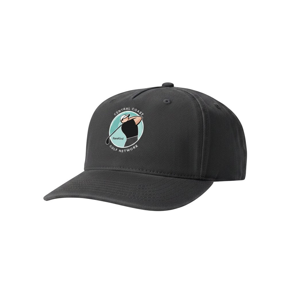 Sideliners black baseball cap featuring a Central Coast Golf Network logo with a golfer silhouette on the front
