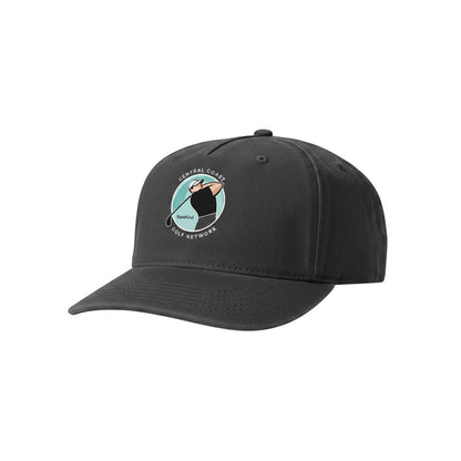 Sideliners black baseball cap featuring a Central Coast Golf Network logo with a golfer silhouette on the front