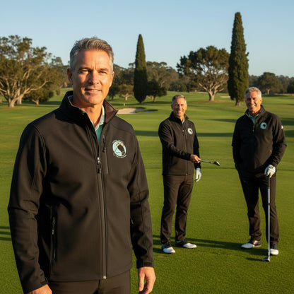Three men wearing Sideliners black Geneva jackets with Central Coast Golf Network branding on a sunny golf course.