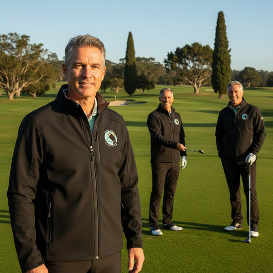 Three men wearing Sideliners black Geneva jackets with Central Coast Golf Network branding on a sunny golf course.