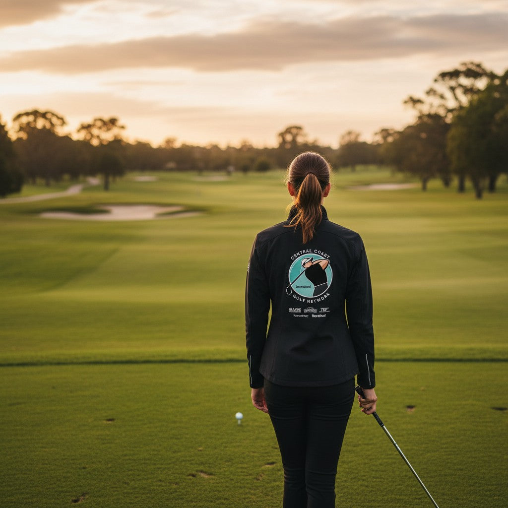 Sideliners women's black Geneva jacket with Central Coast Golf Network logo on back, worn by golfer on a golf course.